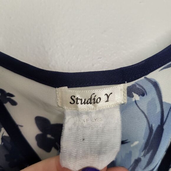 Studio Y Y2k cream blue floral semi-sheer boho elastic waist Flutter Sleeve top - Picture 3 of 5